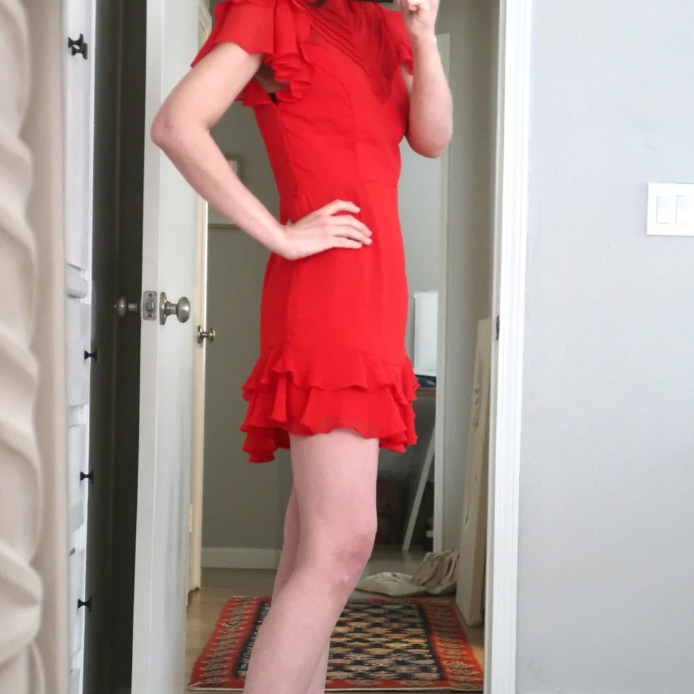 Saints + Secrets Red Ruffle Mini Dress High Neck Flutter Sleeve - Picture 13 of 16